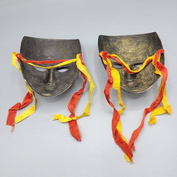 Vintage Decorative Brass Metal Wall Masks Set Of 2 Black With Gold Accents - Picture 8 of 9